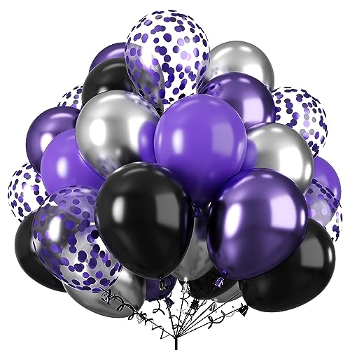 Luftballons Lila und Schwarz, 60 Stück 12 Zoll Schwarz Lila Ballons Metallic Silber Geburtstag Ballons mit Lila Konfetti Luftballons für Halloween, Geburtstag Hochzeit Party Dekorationen von Togvu