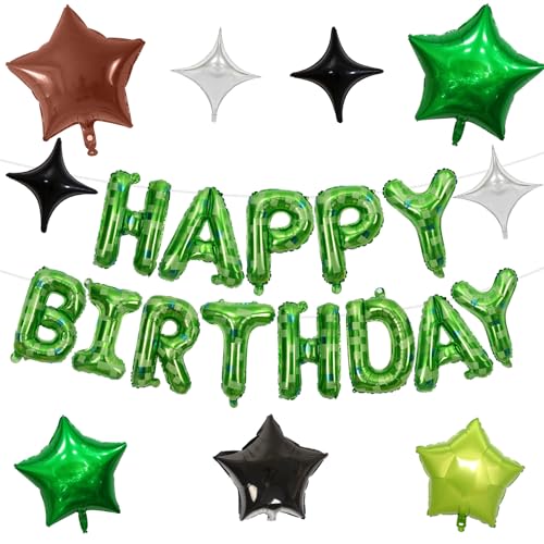Pixel Happy Birthday Ballon Banner Set, 40,6 cm Pixel Grün Folienbuchstaben Ballons mit 9 Stück Stern Folienballons, 8-Bit Gaming Party Dekorationen für Jungen Mädchen Retro Arcade Party Supplies von Togvu