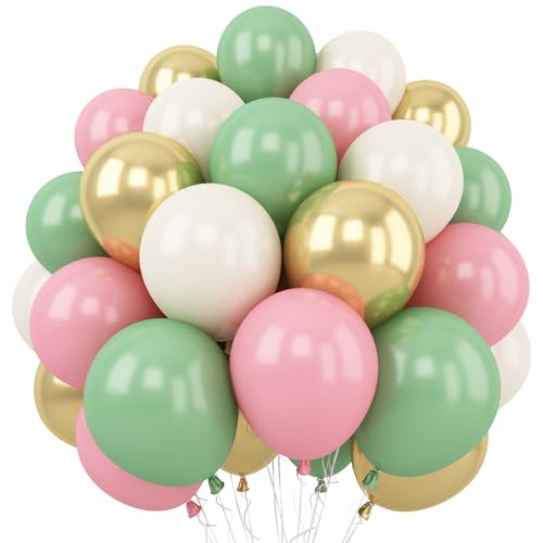 Sage Grün und Rosa Luftballons, 60 Stück 12 Zoll Retro Grün Rosa und Metallic Gold Latex Luftballons, Salbei Grün Sand Weiß Party Ballons für Dschungel Kinder Geburtstag Babyparty Dekoration von Togvu