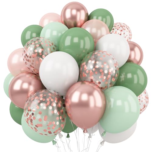 Sage Grün und Rosegold Luftballons, 12 Zoll Retro Grün Metallic Rosegold Konfetti Ballons, Dusty Grüne Weiß Latex Luftballons für Geburtstag Hochzeit Babyparty Dschungel Party Dekoration von Togvu