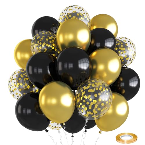 Schwarz Gold Luftballons, 12 Zoll Matt Schwarz Metallic Gold Konfetti Latex Ballons mit Band, 30 Stück Gold Schwarze Party Luftballons für Hochzeit Geburtstag Babyparty Abschluss Jubiläum Dekoration von Togvu