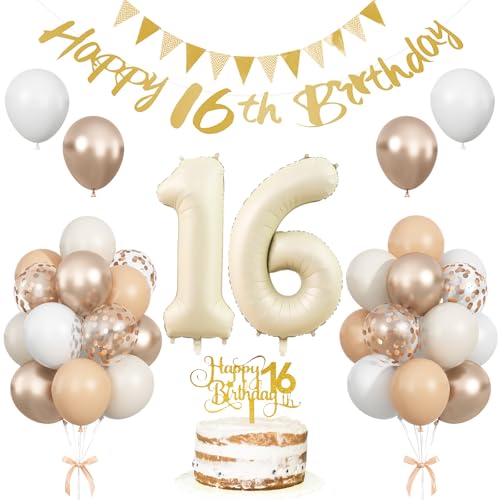 Süße 16 Geburtstag Dekorationen, Sand Weiß Gold Party Dekorationen mit 16 Jahr Alt Folienballon Set, Beige Gold Happy Number 16 Birthday Banner mit Cake Topper für Mädchen Jungen Boho Party Supplies Süße 16 Geburtstag Dekorationen, Sand Weiß Gold Party Dekorationen mit 16 Jahr Alt Folienballon Set, Beige Gold Happy Number 16 Birthday Banner mit Cake Topper für Mädchen Jungen Boho Party Supplies von Togvu