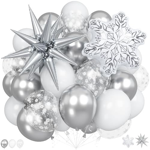 Weiße silberne Schneeflocken-Ballons, 45,7 cm, weißer Schneeflocken-Folienballon mit metallischem Silberexplosionsstern, Mylar-Ballon für Weihnachten, Eis, Schnee, Winter, Urlaub, Onederland, 1 von Togvu
