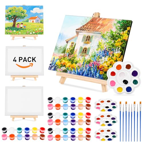4 x 25,4 cm große Leinwandtafeln zum Malen, Mini-Malerei-Set mit 8 Pinseln und 4 Farbschalen, 4 x Acrylfarben in 12 Farben, 4 Staffeleien, Trink- und Malset für Erwachsene und Kinderpartys 4 x 25,4 cm große Leinwandtafeln zum Malen, Mini-Malerei-Set mit 8 Pinseln und 4 Farbschalen, 4 x Acrylfarben in 12 Farben, 4 Staffeleien, Trink- und Malset für Erwachsene und Kinderpartys von ToiULik