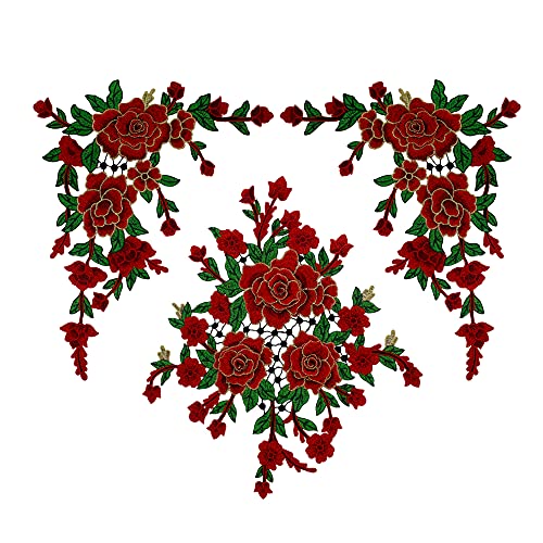 1 Set/3 Stück 3D Blumen bestickt Stoff Patches Spitze Motiv Applikation Trimmen Handwerk DIY Bordado Nähzubehör (rot) von Tokiso