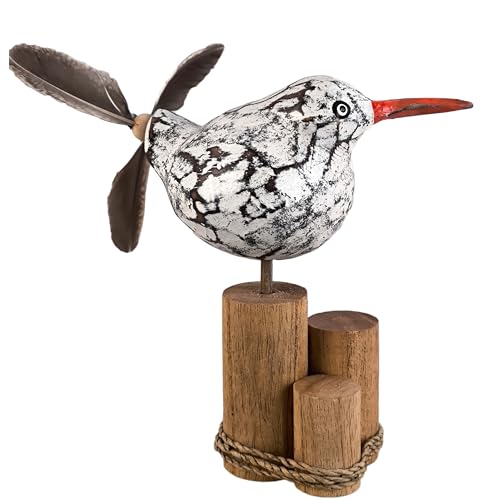 Tokoindah Vogel Windspiel Möwe Erna – Handgeschnitzte Holzfigur mit echtem Feder-Propeller – Maritime Deko im Shabby Chic Stil, Unikat für Balkon, Garten, 15 cm hoch von Tokoindah