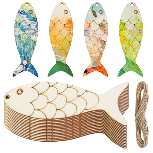 Tokusatsu 36 Stück Holz-Fischausschnitte zum Selbermachen – unlackierte Blanko-Holzschilder in Fischform, Holzausschnitte mit Schnur, ideal für Kritzeleien, Basteln, Party-Dekoration und Tier-Anhänger von Tokusatsu