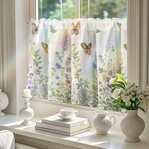 Tokusyou Gardinen Scheibengardinen Halbtransparent Bistrogardinen Vorhang Blumen Schmetterling Weiß Landhausstil Kurzgardine für Badezimmer Fenster 1 Stück 150×60cm(BxH) von Tokusyou