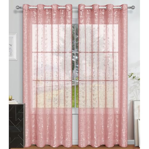 Tokusyou Gardinen Voile Sheer Vorhang 2er Set mit Ösen Transparent Silbernes Muster Modern Polyester Wohnzimmer Ösenvorhang Luftig Dekoschal für Schlafzimmer Kinderzimmer Rosa,140x260cm(BxH) von Tokusyou