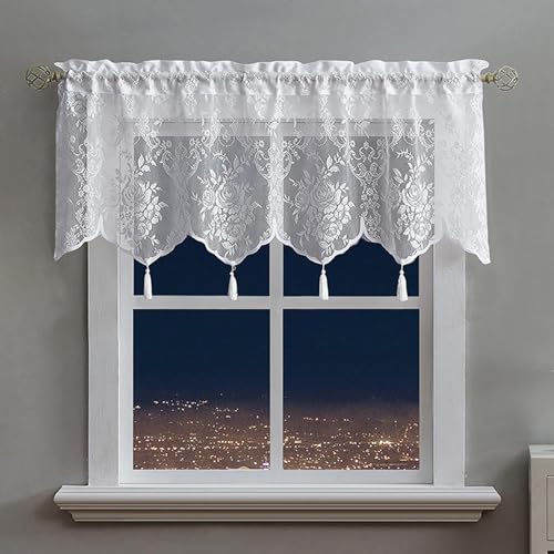 Tokusyou Scheibengardinen Bistrogardinen Voile Spitze Vorhang Transparent Weiß Gardinen mit Quasten Boho Blumen Landhausstil Kurzgardine für Küche Fenster 1 Stück 132×45cm(BxH) von Tokusyou