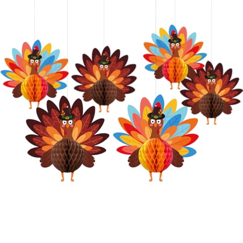 Tokusyou Thanksgiving Papier Wabenbälle Deko 6 Stück 20cm Truthahn Honeycomb Seidenpapier Wabenbälle zum Aufhängen für Home Party Herbst Tischdekorationen von Tokusyou