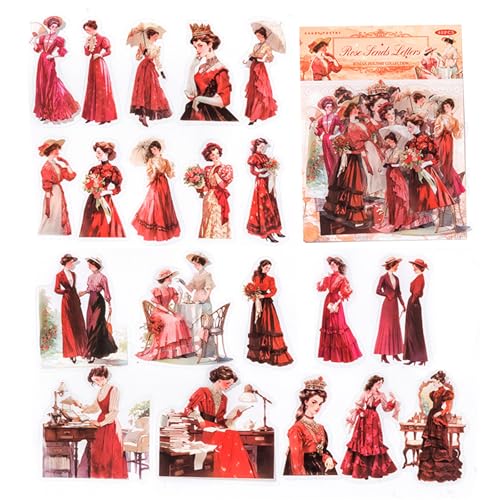 40 Stück Vintage Menschen Washi Aufkleber, Scrapbook Aufkleber Set, Vintage Mode Aufkleber, Scrapbooking Zubehör Stickers, Sheer Menschen Aufkleber für Junk-Journale, Papier-Handwerk (Rot) von Tolenre