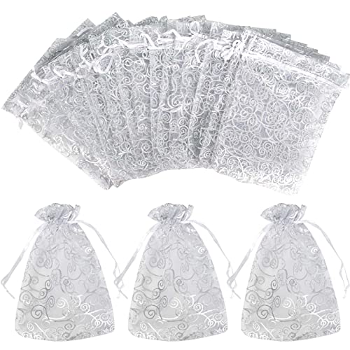 Tolenre 50 Stück Organza Säckchen 15x20 cm, Organza Säckchen Kordelzug, Organzabeutel Bronzieren, Organzasäckchen Silber, Tunnelzug Geschenktüten Hochzeit Gunst, Taschen Geschenk Schmuckbeutel von Tolenre