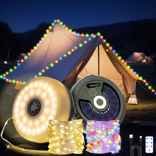 Tolesum 10m Camping Lichterkette,Solar Camping Lichterkette Aufrollbar,Tragbare Wiederaufladbare Led Lichte rkette mit Fernbedienung,5 Modi,USB-C/Solarladung,Magnetisch,IP44,Warmweiß Multicolor von Tolesum