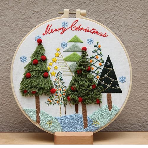 Frohe Weihnachten Hirsch Baum Blume Snata Sticksets für Anfänger mit herbstlichem Igelmuster, einfaches DIY Handwerk Stanznadel Starter Kreuzstich-Set DIY Nadelspitzen-Sets (ohne Reifen) (Baum) von Tolovis