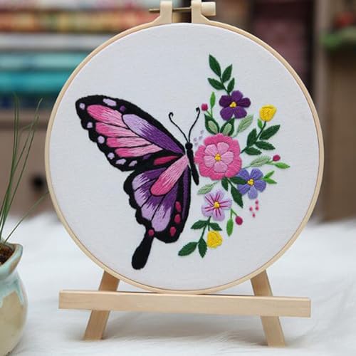 Tolovis Stickset mit Tier-Schmetterlingen, für Anfänger mit Blumenmustern, einfaches Basteln, Stanznadel, Starter-Kreuzstich-Set, DIY-Nadelspitzen-Sets (ohne Reifen)) (lila) von Tolovis