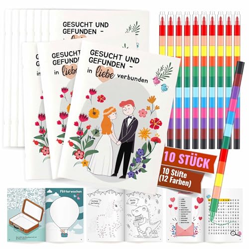 Tom Hugh Hochzeitsmalbuch 10er Set inkl. 12 Buntstifte, Kinder Malbuch Set zur Hochzeit, Aktivitätsbuch mit Filzstiften - Beschäftigung Zeichenbücher Unterhaltung Gastgeschenke von Tom Hugh