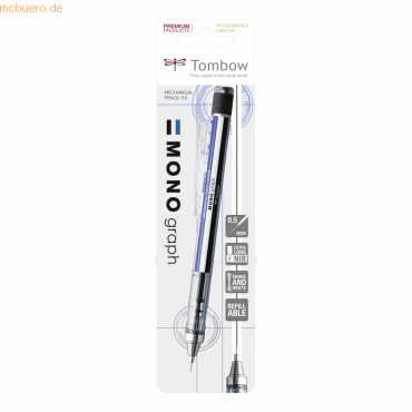 5 x Tombow Feinminenstift Mono Graph 0,5mm blau/weiß/schwarz Blister von Tombow