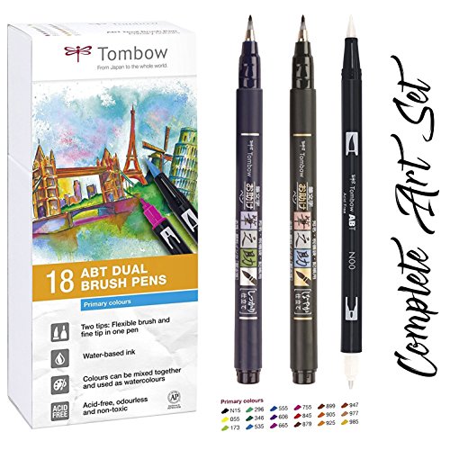 Tombow 18 Filzstifte (Sekundärfarben) Dual Brush Pen mit zwei Spitzen + Fudenosuke Brush Pen starr + weich | Aquarell, auf Wasserbasis, ungiftig, säurefrei und geruchsneutral von Tombow