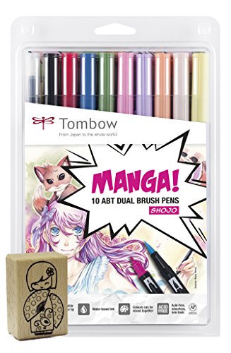 Tombow ABT-10C-MANGA2-ST Manga-Set aus 10x Fasermaler ABT Dual Brush Pens + Manga-Stempel von Tombow