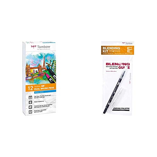 Tombow ABT-12P-1 Fasermaler Dual Brush Pen mit zwei Spitzen 12er Set, primärfarben & BLENDING-KIT, 4 in 1 Set zum Vermischen von wasserbasierten, Fasermalern von Tombow