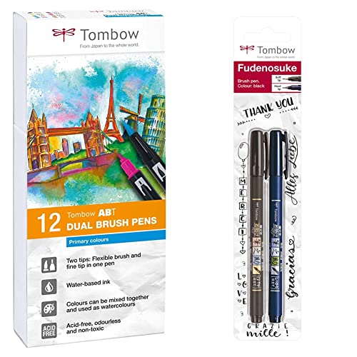 Tombow ABT-12P-1 Fasermaler Dual Brush Pen mit zwei Spitzen 12er Set, primärfarben & WS-BHS-2P Brush Pen Fudenosuke je 1 x mit Harter und weicher Spitze von Tombow