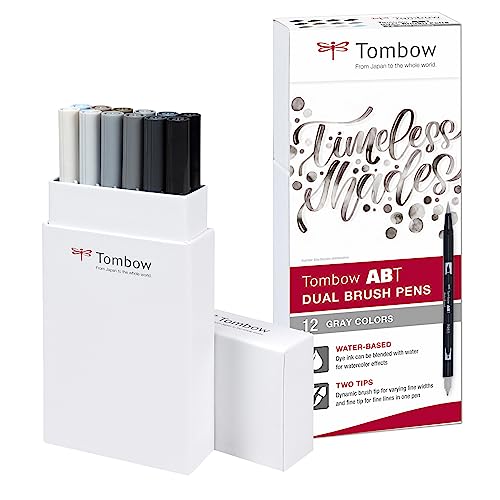 Tombow ABT Dual Brush Pen, Grey Colors, 12er Set, Stifte mit zwei Spitzen, perfekt fürs Hand-Lettering und Bullet Journal, wasservermalbar [ABT-12P-3] von Tombow