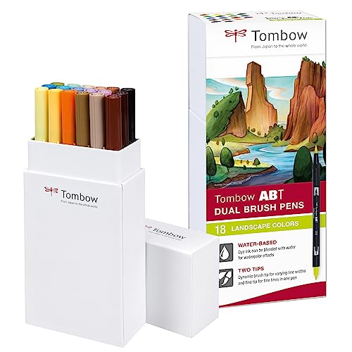 Tombow ABT Dual Brush Pen, Landscape Colors, Stift mit zwei Spitzen, perfekt fürs Hand-Lettering und Bullet Journal, wasservermalbar, ABT-18P-6, 18er Set von Tombow