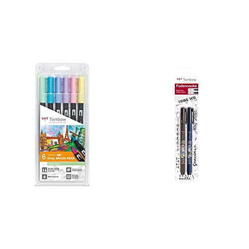Tombow ABT-6P-2 Fasermaler Dual Brush Pen mit zwei Spitzen 6er Set, pastellfarben, bunt & ws-BHS-2P Brush Pen Fudenosuke je 1 x mit Harter u weicher Spitze von Tombow