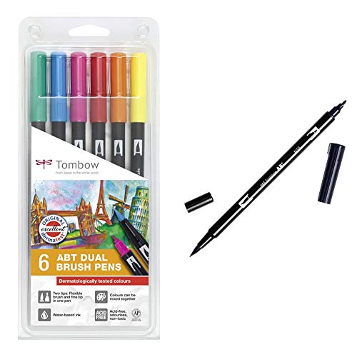 Tombow ABT-6P-3 Fasermaler Dual Brush Pen mit zwei Spitzen 6er-Set dermatologisch getestet & ABT-N15 Fasermaler Dual Brush Pen mit zwei Spitzen, black von Tombow