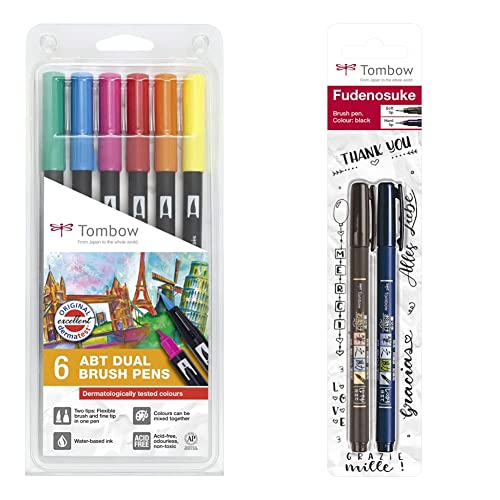 Tombow ABT-6P-3 Fasermaler Dual Brush Pen mit zwei Spitzen 6er-Set dermatologisch getestet & WS-BHS-2P Brush Pen Fudenosuke je 1 x mit Harter und weicher Spitze von Tombow