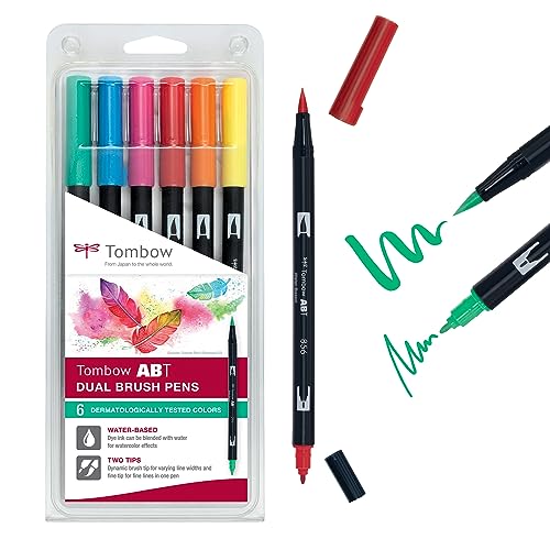 Tombow ABT-6P-3 Fasermaler Dual Brush Pen mit zwei Spitzen 6er-Set dermatologisch getestet, 1 Stück (6er Pack) von Tombow