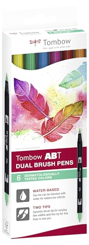 Tombow ABT Dual Brush Pen, Dermatologisch getestet, Stift mit zwei Spitzen, perfekt fürs Hand-Lettering und Bullet Journal, wasservermalbar, ABT-6C-3, 6er Set von Tombow