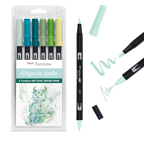 Tombow ABT Dual Brush Pen, Mystic Jade, Stift mit zwei Spitzen, perfekt fürs Hand-Lettering und Bullet Journal, wasservermalbar, 6er Set [ABT-6P-JADE] von Tombow