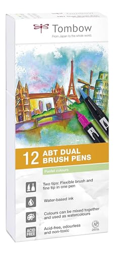 Tombow ABT Dual Brush Pen, Pastel Colors, 12er Set, Stifte mit zwei Spitzen, perfekt fürs Hand-Lettering und Bullet Journal, wasservermalbar [ABT-12P-2] von Tombow