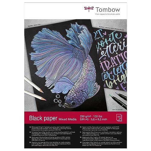 Tombow Black Paper, Zeichnenblock, DIN A5, 15 Blatt, 250 g/m², Mixed-Media, säurefrei, ph-neutral, Schwarz von Tombow
