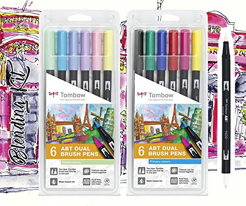 Tombow Fasermaler Dual Brush Pen mit Zwei Spitzen 6er Set | Komplett Set Standardfarben + Pastellfarben + Blending Pen N00 zum verwischen/vermalen (Aquarell) von Tombow