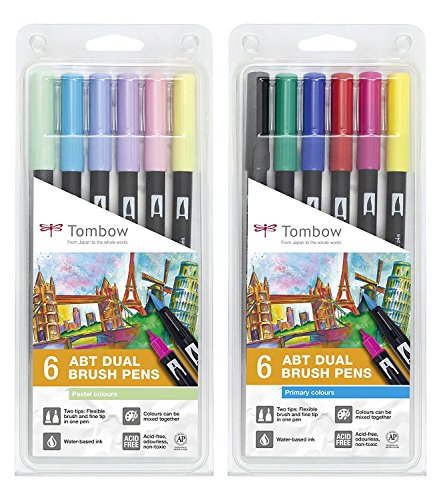 Tombow Fasermaler Dual Brush Pen mit zwei Spitzen 12er Set | 6er Set Grundfarben + 6er Set Pastellfarben von Tombow