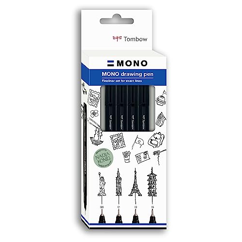 Tombow Fineliner MONO drawing pen, Fine Set, Pigmenttinte, Wasser- und Lichtresistent, für Skizzen, zum Illustrieren und Zeichnen, Schwarz, 4er Set, WS-EFL-H-F-4P von Tombow