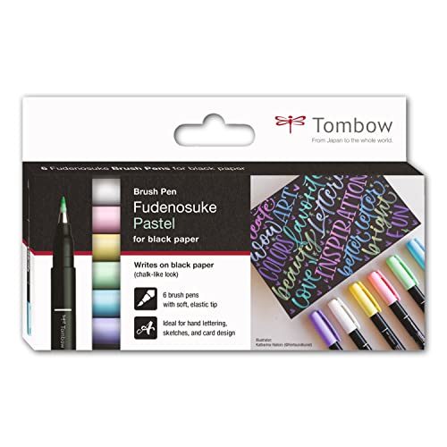 Tombow Fudenosuke Pastel for black paper, 6er-Set, 5 trendigen Pastellfarben + weiß, mit Kreideoptik auf schwarzem Papier, weiche, elastische Spitze, für Handlettering & Skizzen [WS-BS-6P] von Tombow