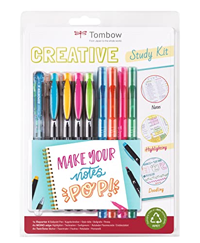 Tombow STUD-SET, Kreatives Set für visuelle Stiche, Selbstorganisierung, Sketchnotes und alle deine Notizen, 8 Marker mit doppelter Spitze & 1 4-Farb-Kugelschreiber, bunt von Tombow
