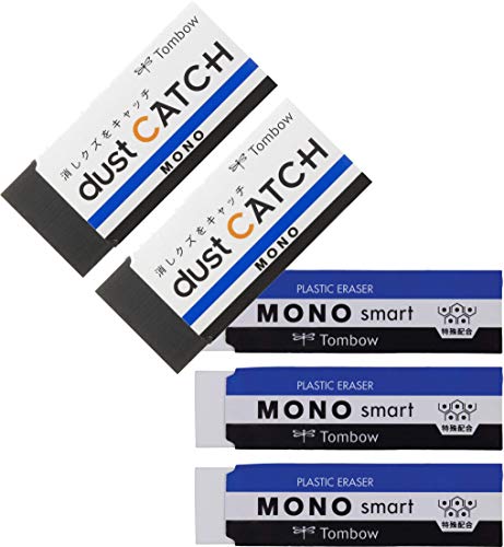 Tombow MONO Smart Radierer extra thin 3er Pack + dust CATCH Radierer rückstandslos 2er Pack (Eco-Pack) von Tombow