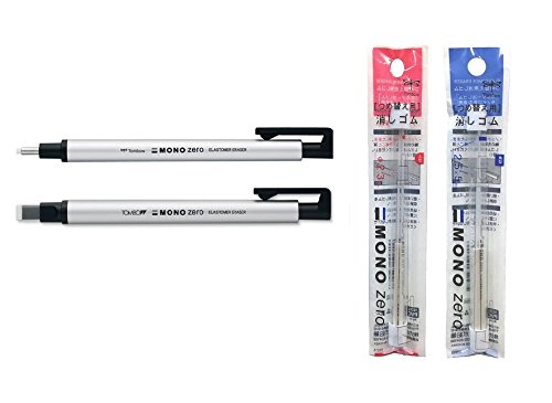 Tombow Mono Zero Radiergummi-Halter-Set mit runder Spitze, quadratischer Radiergummi-Halter und runder Nachfüllung und quadratischer Nachfüllpackung (1 Nachfüllpackung mit 2 Radiergummis, insgesamt 4 von Tombow