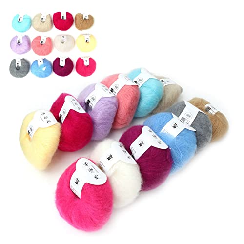 Mohair -Garn, lange Wolle weiches Mohair -Angora -Garn zum Stricken warmes Wollhäkeln für Gewebeschals (1 set of twelve colors) von Tomedny