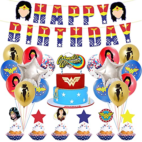 Dekoration Geburtstag Mädchen Junge Luftballons Tomicy 44 Stück Wunderfrau Theme Party Luftballons Geburtstag Party Kuchen Flagge Totenkopf Karte Ballon Kombination für Kindergeburtstag Party von Tomicy