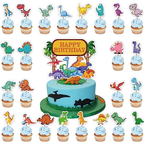Dinosaurier Kuchen Topper 25 Stück Muffin Cupcake Toppers, Dinosaurier Themen Party TortendekoTortendeko, Happy Birthday Tortendeko für Kinder (Dino Thema) von Tomicy