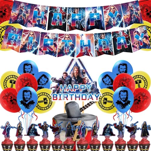 Superhelden Geburtstagsdeko - Tomicy 32 Stück Thor Ballon Geburtstagsdeko Superhelden Thema Dekoration Party Supplies Dekoration Ballon Thor Partyzubehör Inklusive Cake Topper, Luftballons, Banner von Tomicy