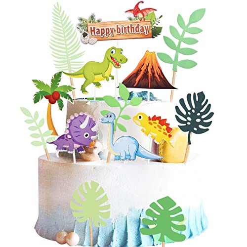Tomicy Dinosaurier Kuchendeckel 14 Stück Happy Birthday Cake Toppers, Tropische Blätter Tortenaufsatz für Dschungel Thema Geburtstag Party, Kuchendekoration Geburtstag für Kinder, Jungen und Mädchen von Tomicy