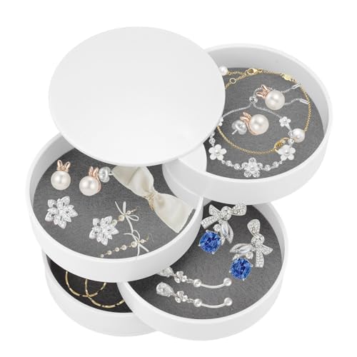 4 Ebenen Drehbare Runde Schmuckkästchen, Schmuckaufbewahrung Schmuckschatulle Tower Kosmetik Organizer Storage Box mit Deckel für Ringe, Ohrringe,Halsketten und Uhren(Weiß) von Tomotato