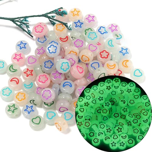 600 Stcs Leuchten in den Dunklen Perlen, Leuchtend Gefärbte Acrylsterne Mondherzen Blütenperlen Rund Lose Abstandshalterperlen für Armband Halskette Schmuck Herstellung von Tomotato